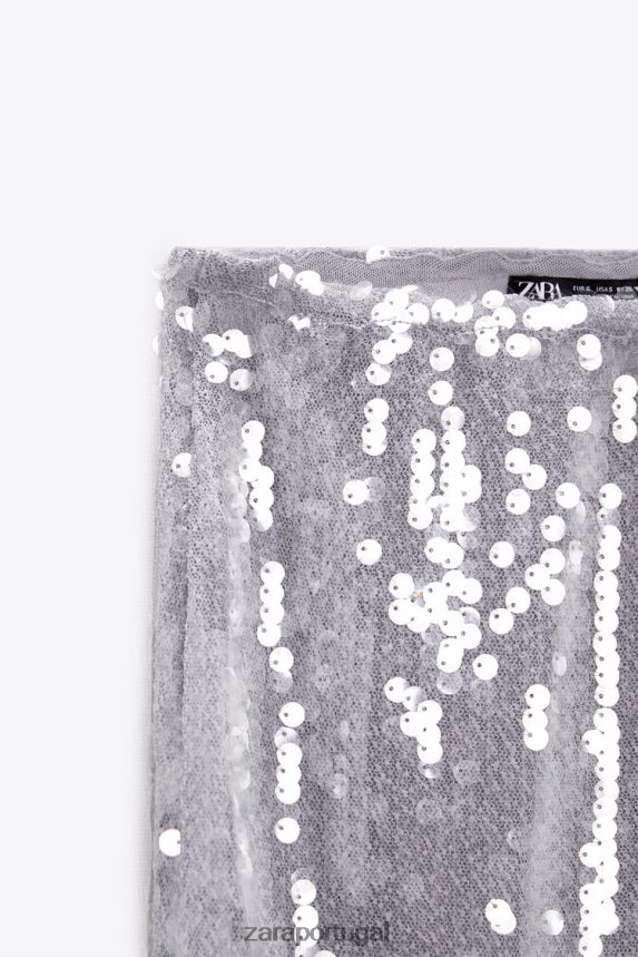 saia midi de paetê mulheres Zara cinza Z2080L648 roupas