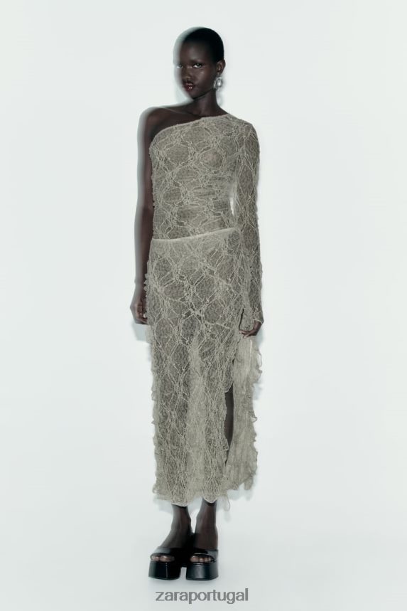 saia midi em renda com babados mulheres Zara cáqui claro Z2080L704 roupas