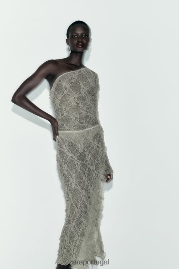 saia midi em renda com babados mulheres Zara cáqui claro Z2080L704 roupas