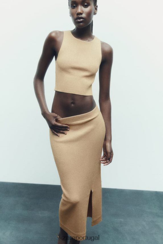 saia midi em tricô fio metalizado mulheres Zara dourado Z2080L720 roupas