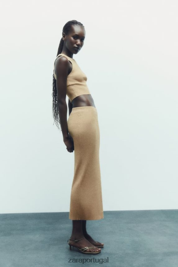 saia midi em tricô fio metalizado mulheres Zara dourado Z2080L720 roupas