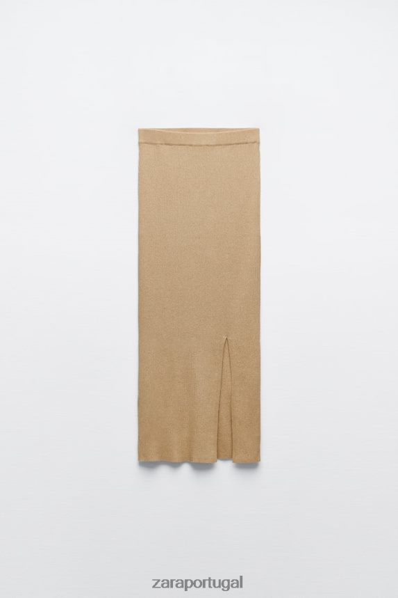 saia midi em tricô fio metalizado mulheres Zara dourado Z2080L720 roupas