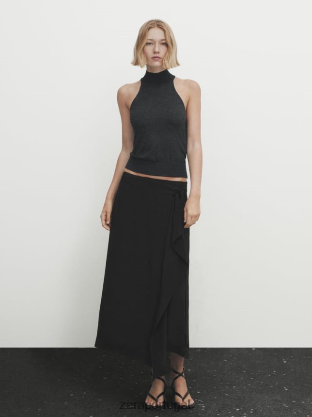 saia midi fluida contrastante mulheres Zara preto Z2080L844 roupas