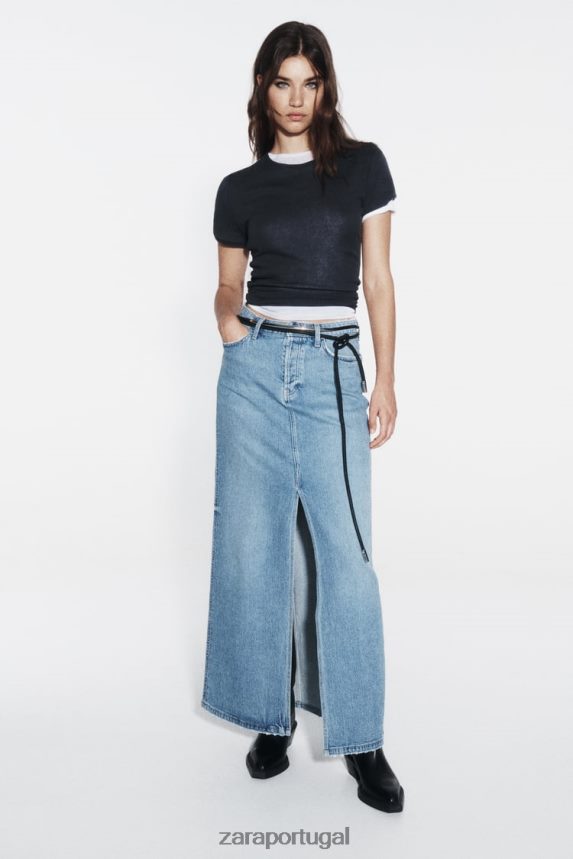 saia midi jeans z1975 mulheres Zara meio azul Z2080L640 roupas