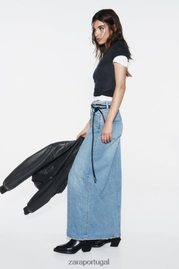 saia midi jeans z1975 mulheres Zara meio azul Z2080L640 roupas