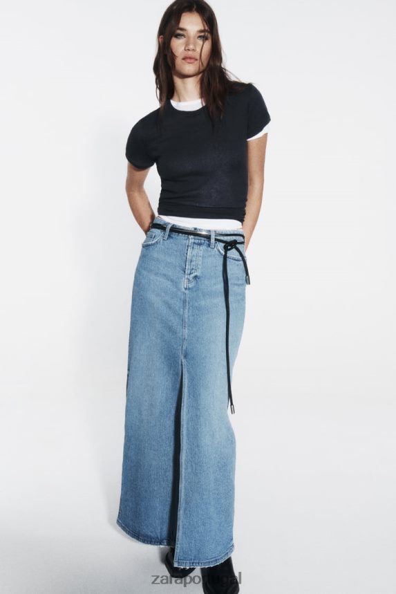saia midi jeans z1975 mulheres Zara meio azul Z2080L640 roupas