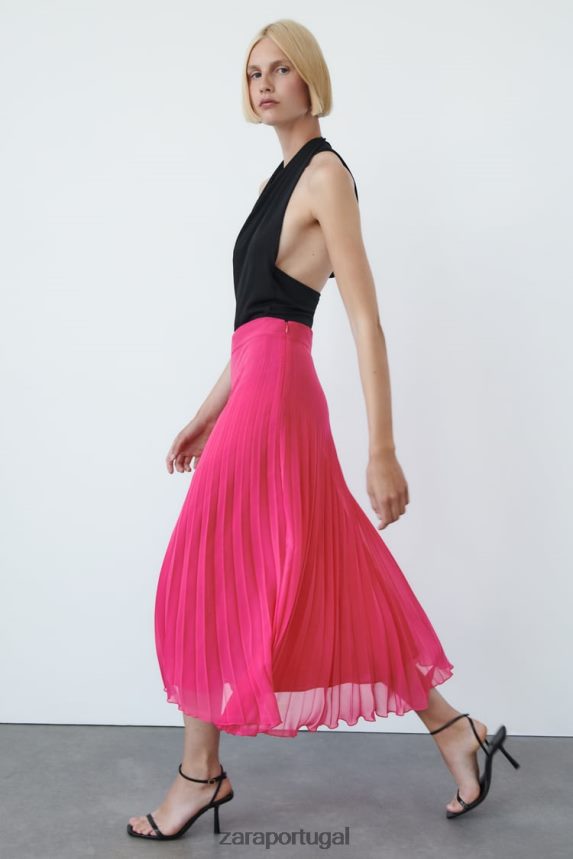 saia midi plissada mulheres Zara fúcsia Z2080L697 roupas