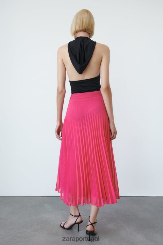 saia midi plissada mulheres Zara fúcsia Z2080L697 roupas