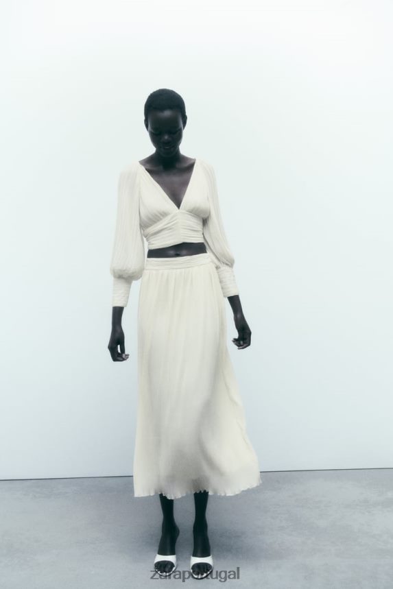 saia midi plissada mulheres Zara ostra branca Z2080L700 roupas