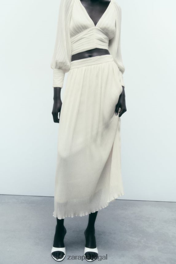 saia midi plissada mulheres Zara ostra branca Z2080L700 roupas