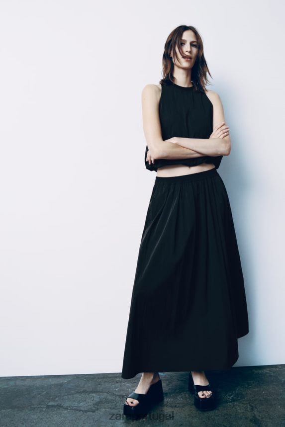 saia midi volumosa mulheres Zara preto Z2080L675 roupas
