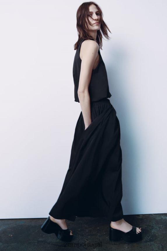saia midi volumosa mulheres Zara preto Z2080L675 roupas