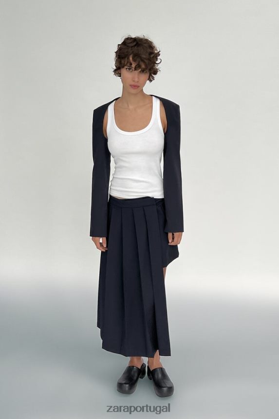 saia plissada assimétrica mulheres Zara azul marinho Z2080L724 roupas