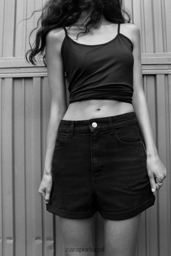 Shorts jeans mom fit de cintura alta de 1975 mulheres Zara preto Z2080L545 roupas