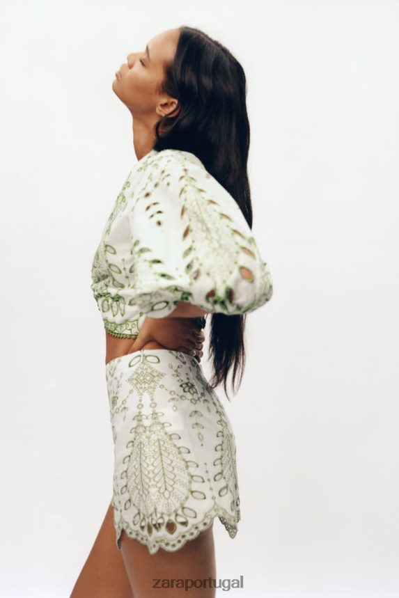 shorts bordados mulheres Zara verde/cru Z2080L576 roupas