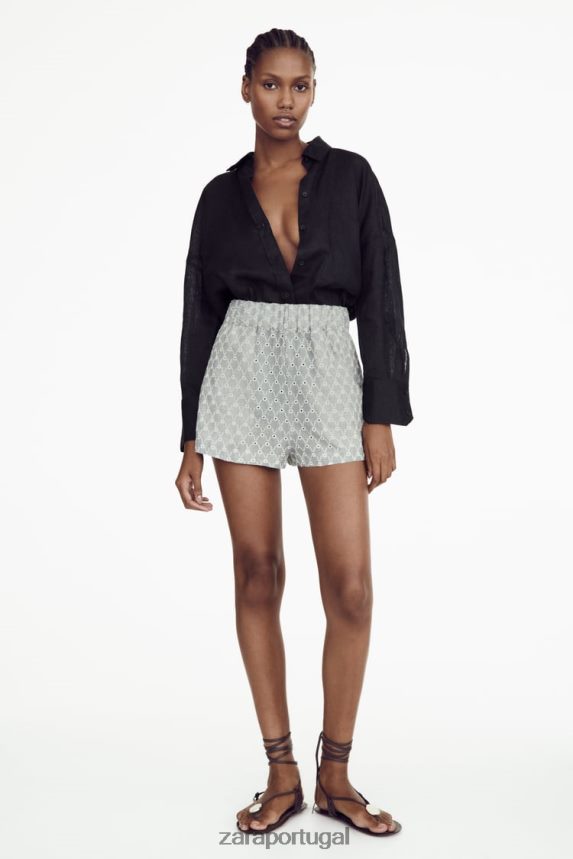 shorts com ilhós bordados mulheres Zara cru/azul Z2080L613 roupas
