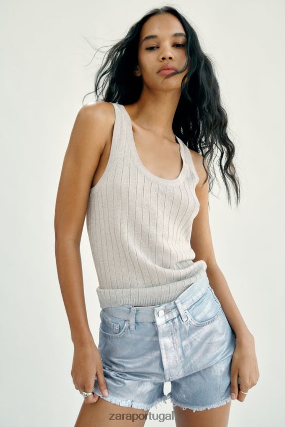 shorts de cintura alta metálico trf mulheres Zara azul claro Z2080L594 roupas