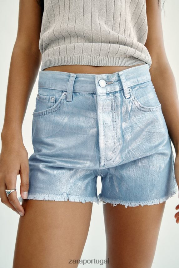 shorts de cintura alta metálico trf mulheres Zara azul claro Z2080L594 roupas