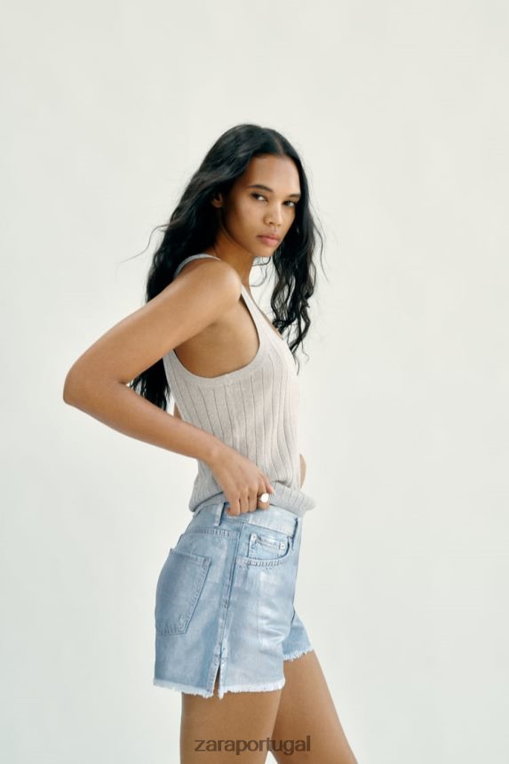 shorts de cintura alta metálico trf mulheres Zara azul claro Z2080L594 roupas