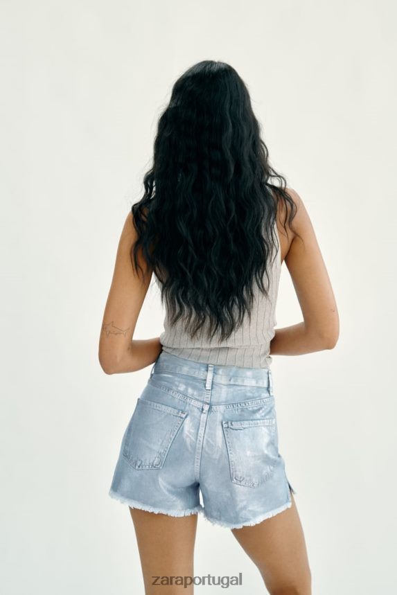shorts de cintura alta metálico trf mulheres Zara azul claro Z2080L594 roupas