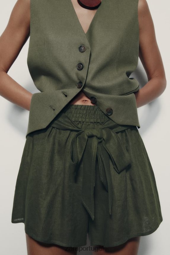 shorts de linho amarrados mulheres Zara cáqui escuro Z2080L627 roupas