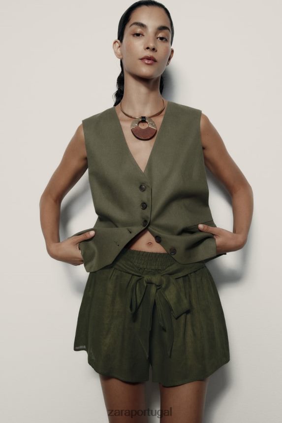 shorts de linho amarrados mulheres Zara cáqui escuro Z2080L627 roupas