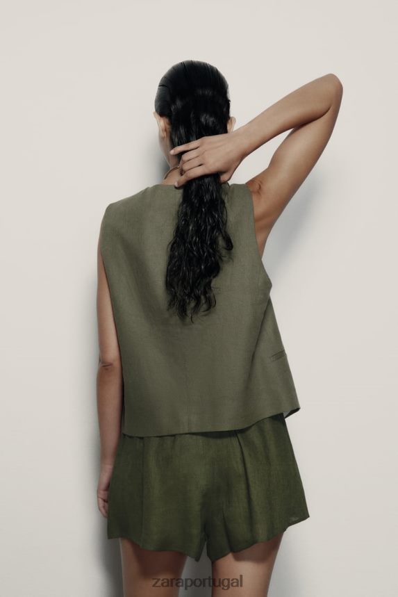 shorts de linho amarrados mulheres Zara cáqui escuro Z2080L627 roupas