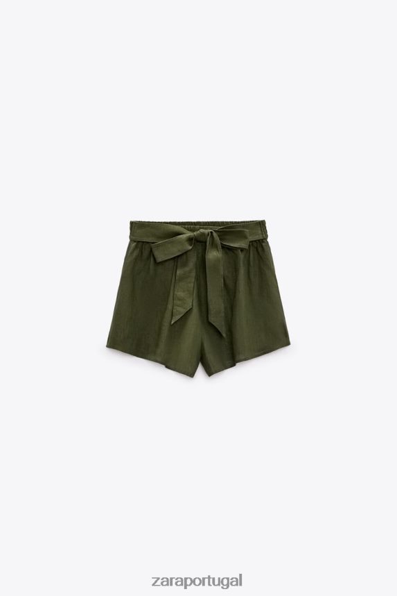 shorts de linho amarrados mulheres Zara cáqui escuro Z2080L627 roupas