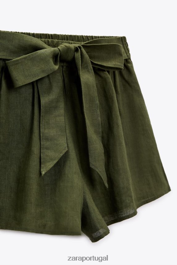 shorts de linho amarrados mulheres Zara cáqui escuro Z2080L627 roupas