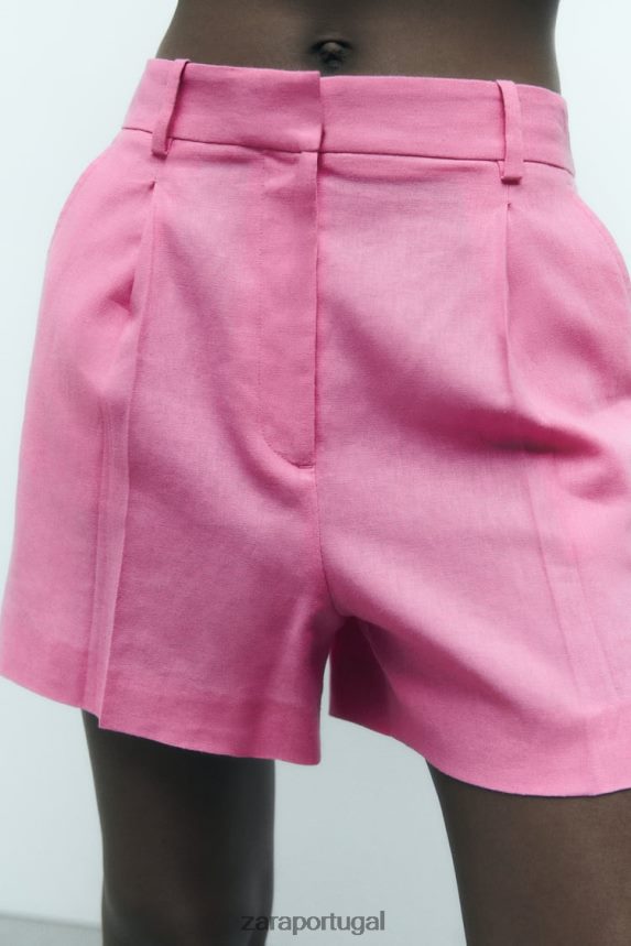 shorts de mistura de linho de cintura alta mulheres Zara rosa Z2080L571 roupas