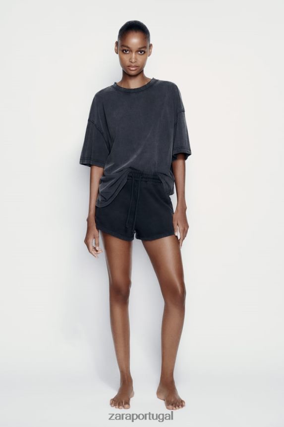 shorts de pelúcia com efeito lavado mulheres Zara preto Z2080L553 roupas