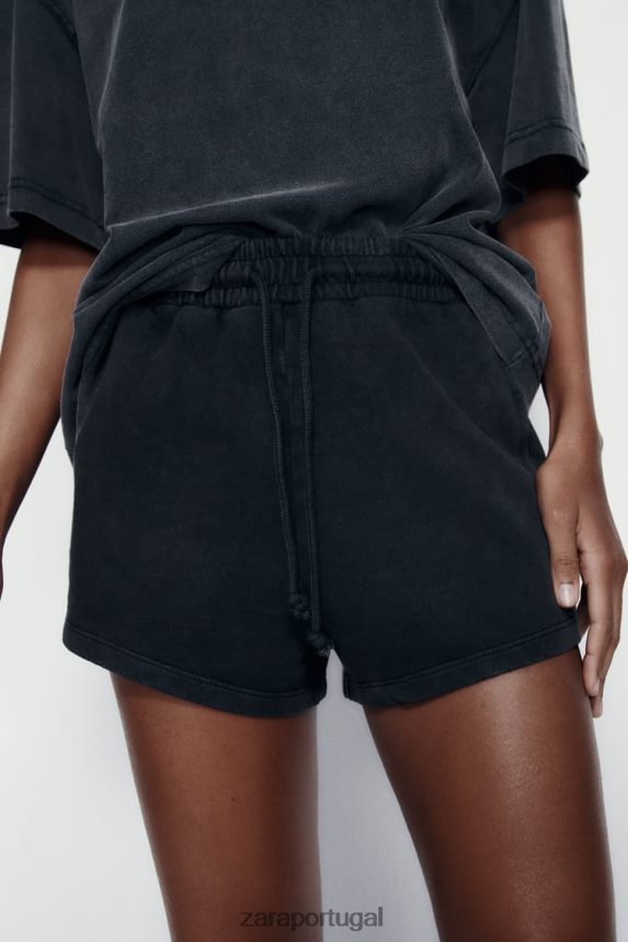 shorts de pelúcia com efeito lavado mulheres Zara preto Z2080L553 roupas