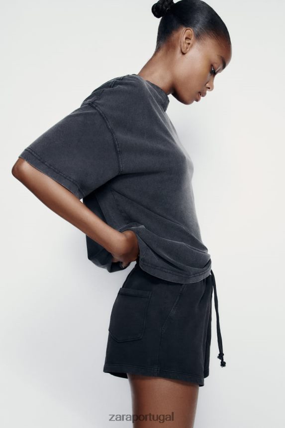 shorts de pelúcia com efeito lavado mulheres Zara preto Z2080L553 roupas