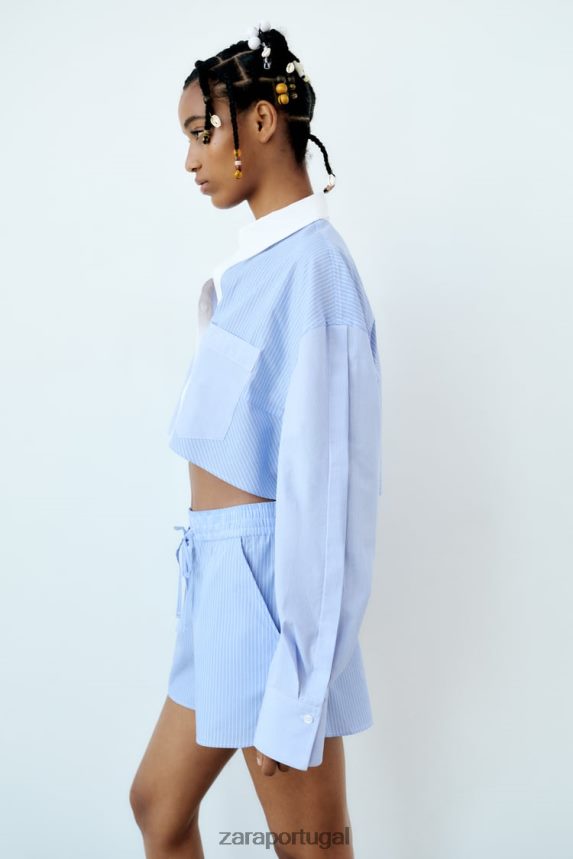 shorts de popeline listrado mulheres Zara Branco azulado Z2080L590 roupas