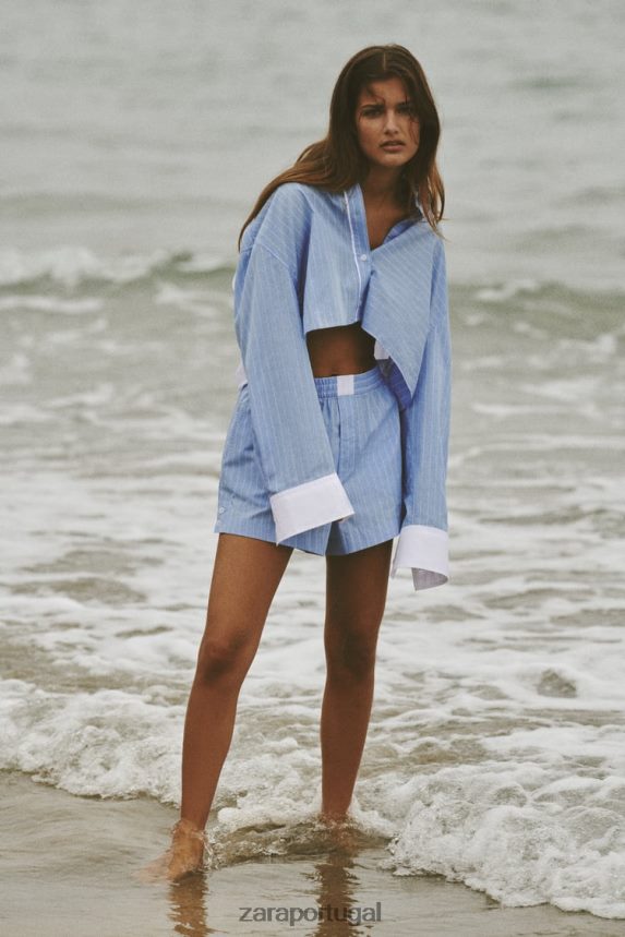 shorts de popeline listrado mulheres Zara Branco azulado Z2080L602 roupas