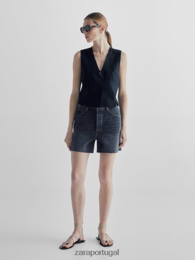 shorts jeans cintura alta com bolso de couro mulheres Zara meio azul Z2080L865 roupas