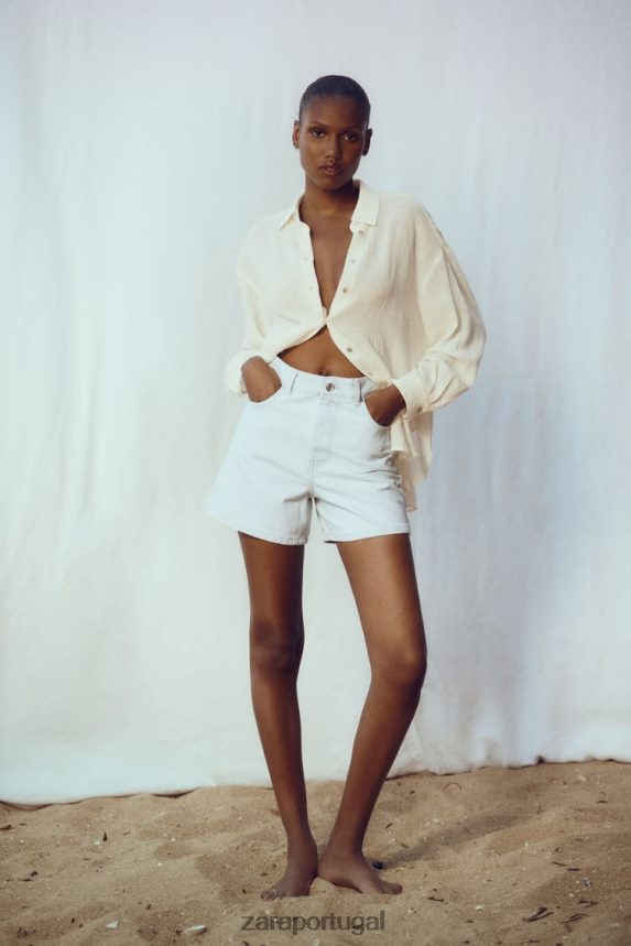 shorts jeans mom fit z1975 de cintura alta mulheres Zara azul claro Z2080L538 roupas