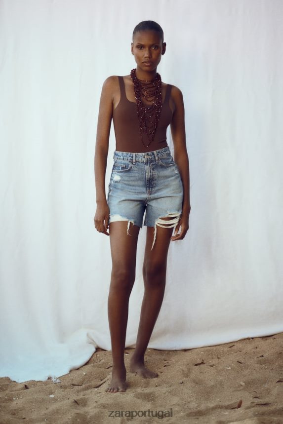 shorts jeans rasgados z1975 mulheres Zara meio azul Z2080L555 roupas