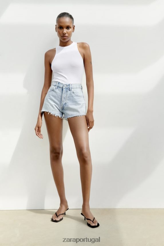 shorts jeans trf cintura média com strass mulheres Zara azul claro Z2080L575 roupas