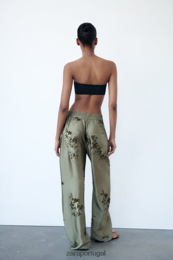 calça efeito cetim lantejoulas mulheres Zara verde sálvia Z2080L927 roupas