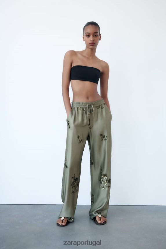 calça efeito cetim lantejoulas mulheres Zara verde sálvia Z2080L927 roupas