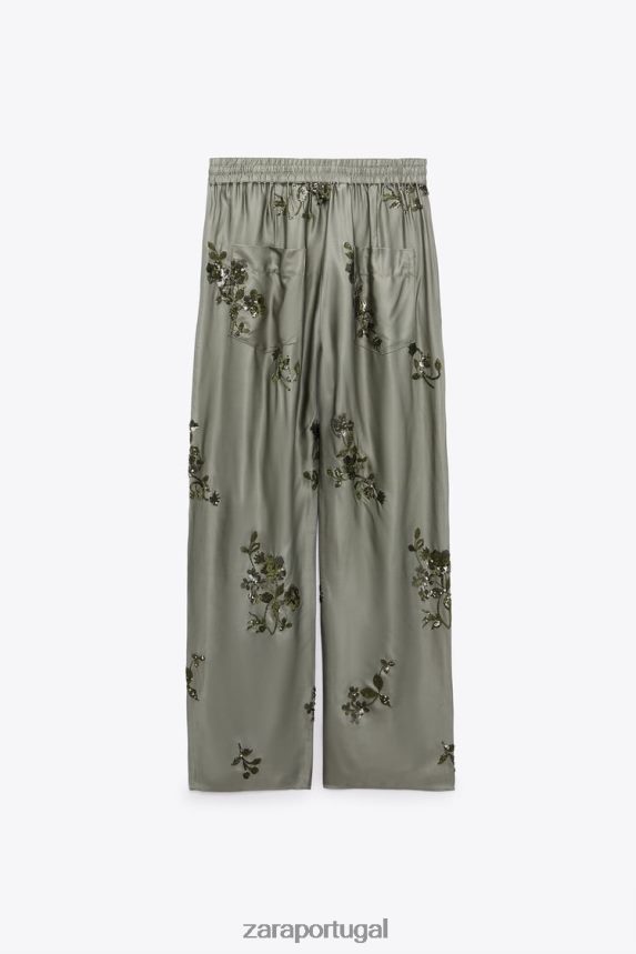 calça efeito cetim lantejoulas mulheres Zara verde sálvia Z2080L927 roupas
