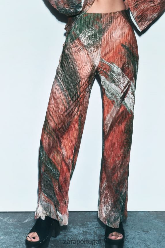 calças plissadas estampadas mulheres Zara laranjas Z2080L926 roupas