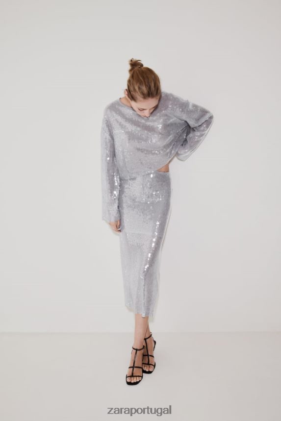 camiseta de lantejoulas mulheres Zara cinza Z2080L930 roupas