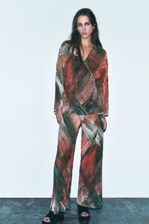 quimono plissado estampado mulheres Zara laranjas Z2080L925 roupas