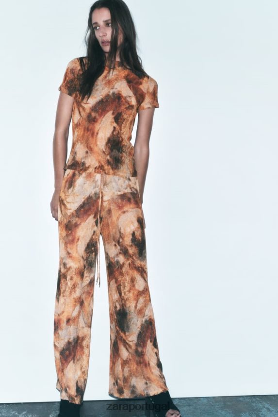 top estampado plissado mulheres Zara cáqui Z2080L923 roupas