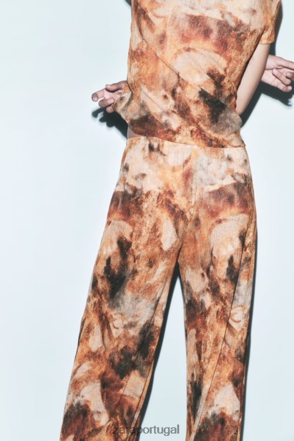 top estampado plissado mulheres Zara cáqui Z2080L923 roupas