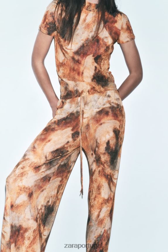 top estampado plissado mulheres Zara cáqui Z2080L923 roupas