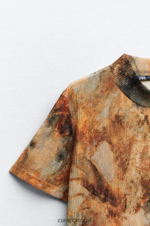 top estampado plissado mulheres Zara cáqui Z2080L923 roupas