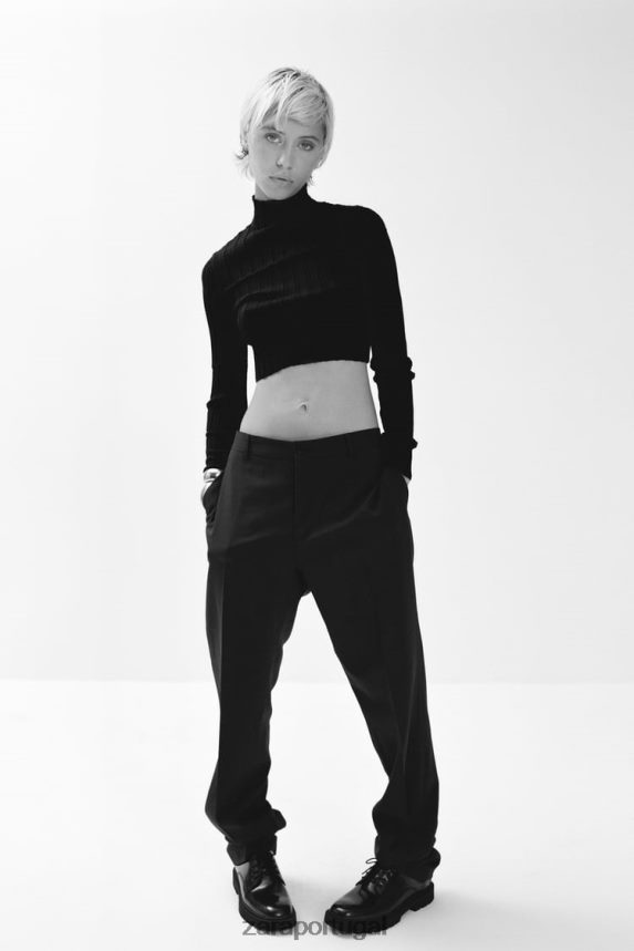 suéter de malha canelada mulheres Zara preto Z2080L480 roupas